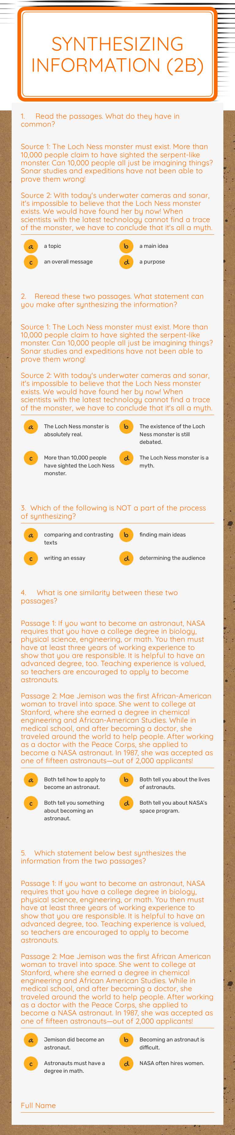 Synthesizing Information (2B) Grade 8 worksheet preview