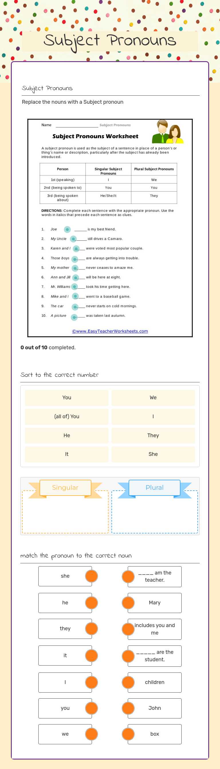 Subject Pronouns worksheet preview image