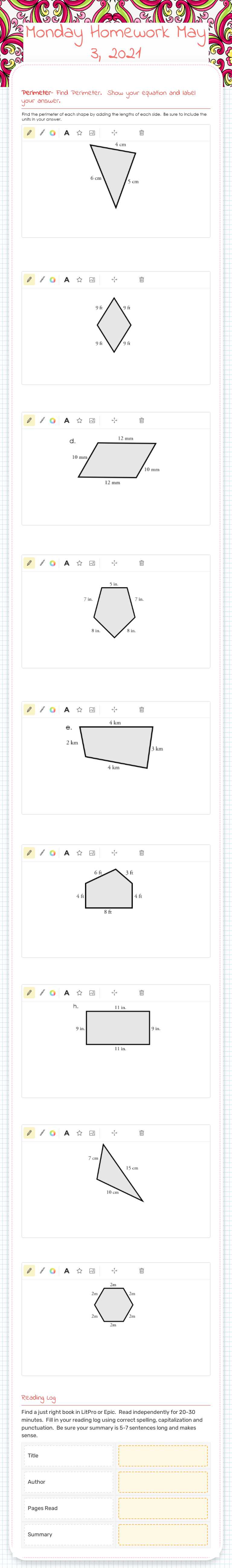 Monday Homework  May 3, 2021 worksheet preview image