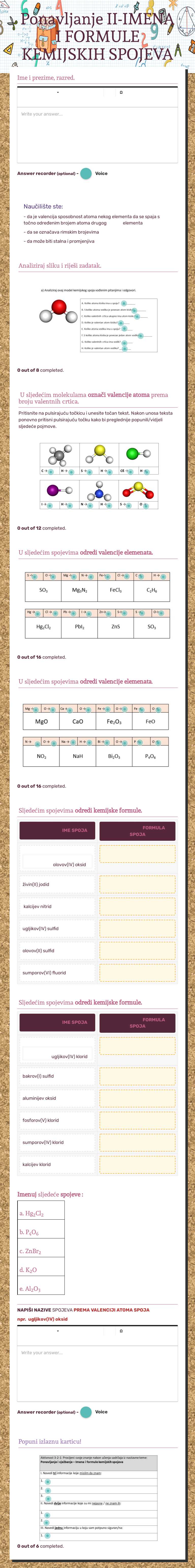 Ponavljanje II-IMENA I FORMULE KEMIJSKIH SPOJEVA Grade 7 worksheet preview