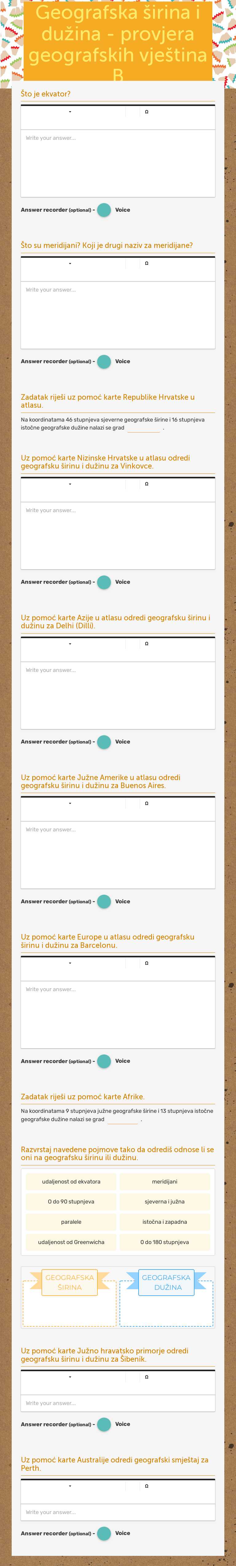 Geografska širina i dužina - provjera geografskih vještina B Grade 8 worksheet preview