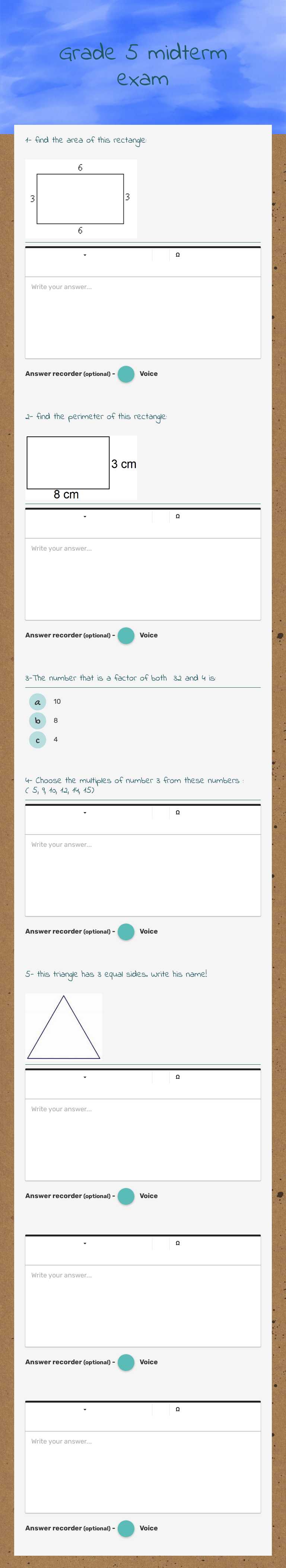 Grade 5 midterm exam worksheet preview image