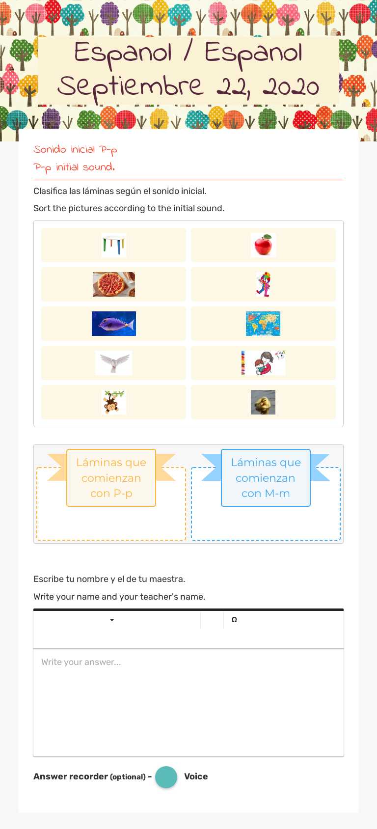 Espanol / Espanol Septiembre 22, 2020 Preschool worksheet preview
