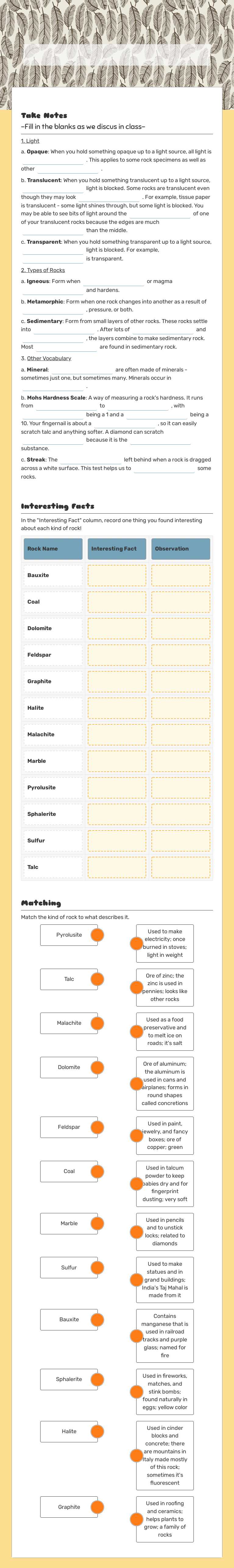 Types of Rocks (Rock Kit) Grade 6 worksheet preview