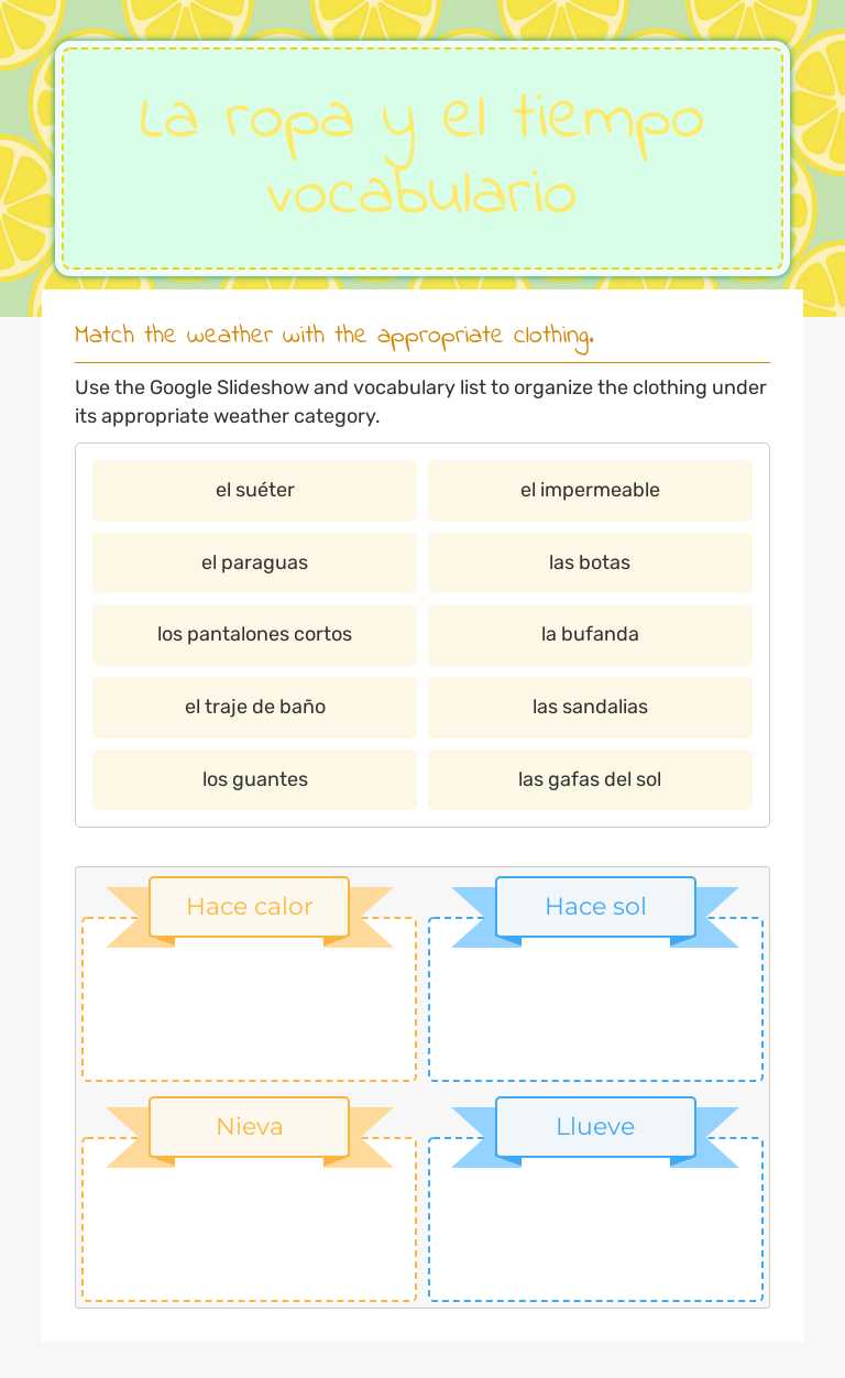 La ropa y el tiempo vocabulario worksheet preview