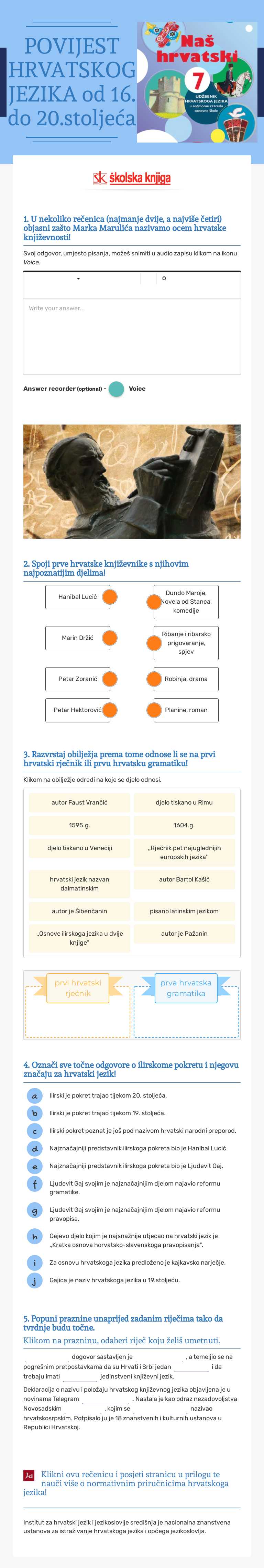 POVIJEST HRVATSKOG JEZIKA 
od 16. do 20.stoljeća Grade 7 worksheet preview
