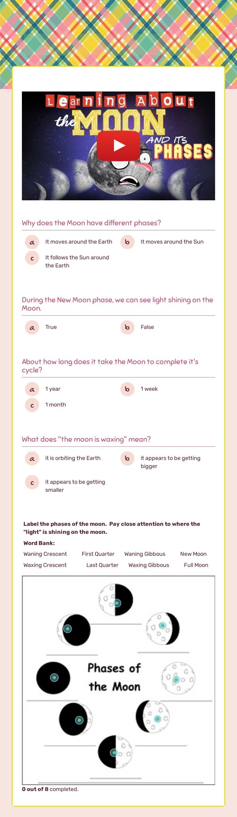 Moon phases worksheet preview image