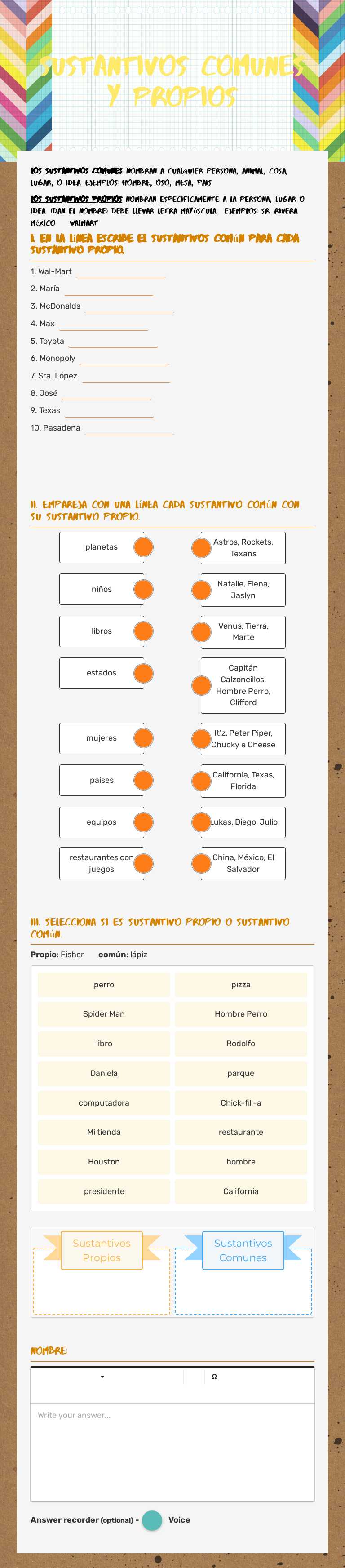 Sustantivos comunes  y propios worksheet preview image