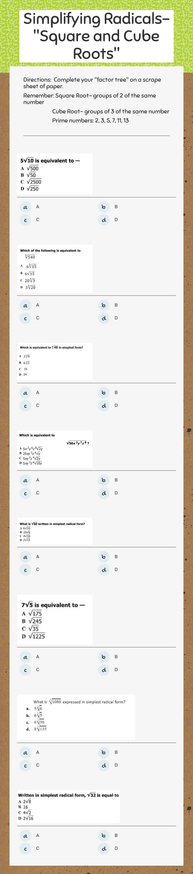 Simplifying Radicals-"Square and Cube Roots" worksheet preview image