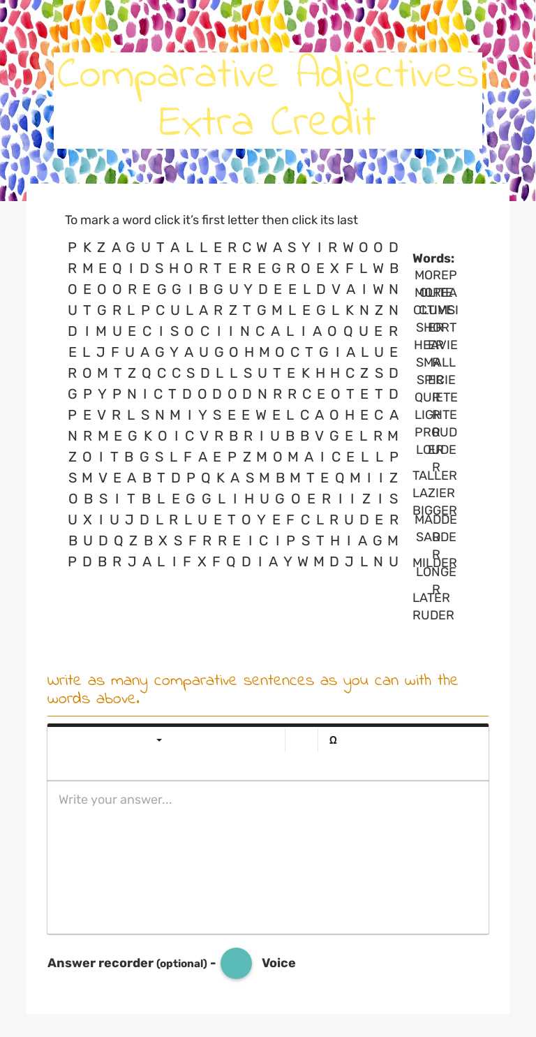 Comparative Adjectives Extra Credit Preschool worksheet preview