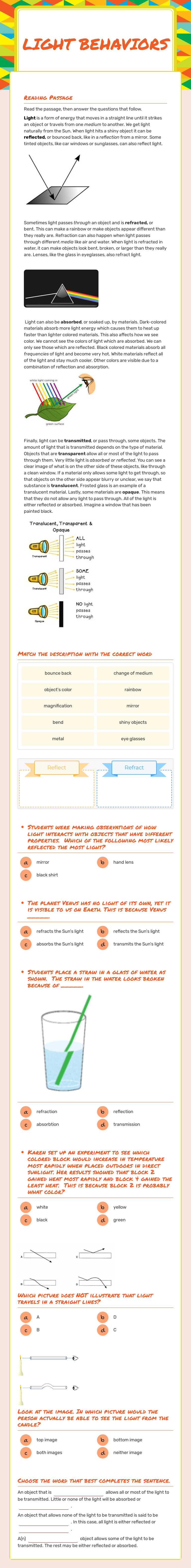 light Behaviors worksheet preview image