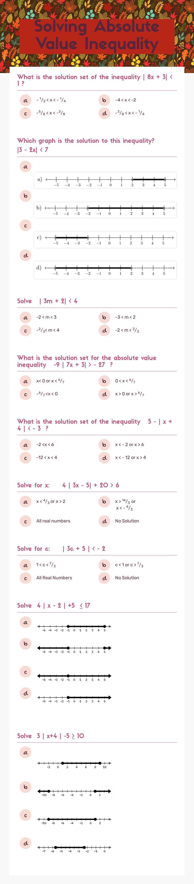 Solving Absolute Value Inequality Grade 10 worksheet preview