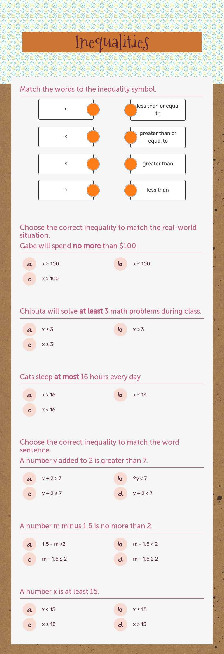 Inequalities worksheet preview image