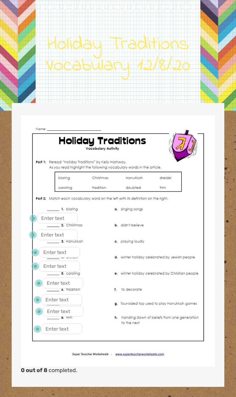 Holiday Traditions Vocabulary 12/8/20 worksheet preview image