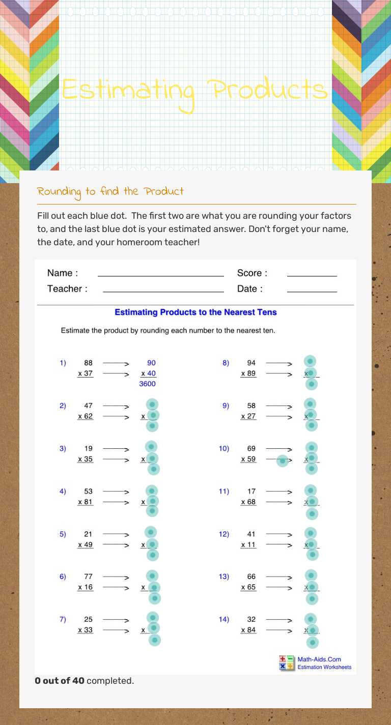Estimating Products Grade 5 worksheet preview