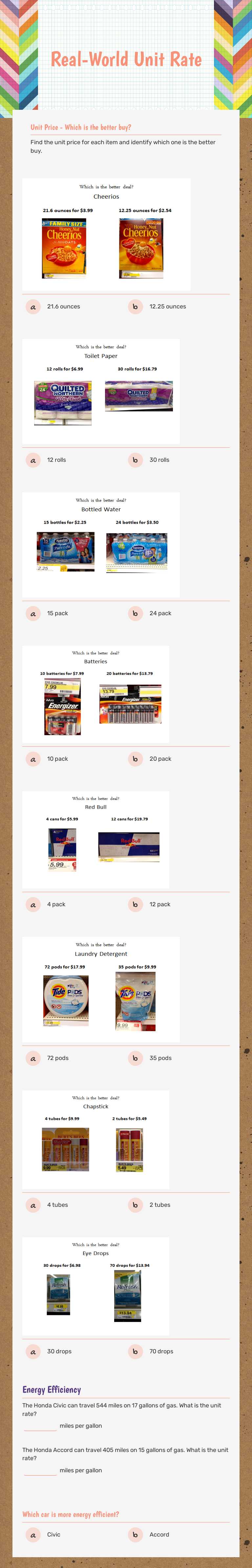 Real-World Unit Rate Grade 6 worksheet preview