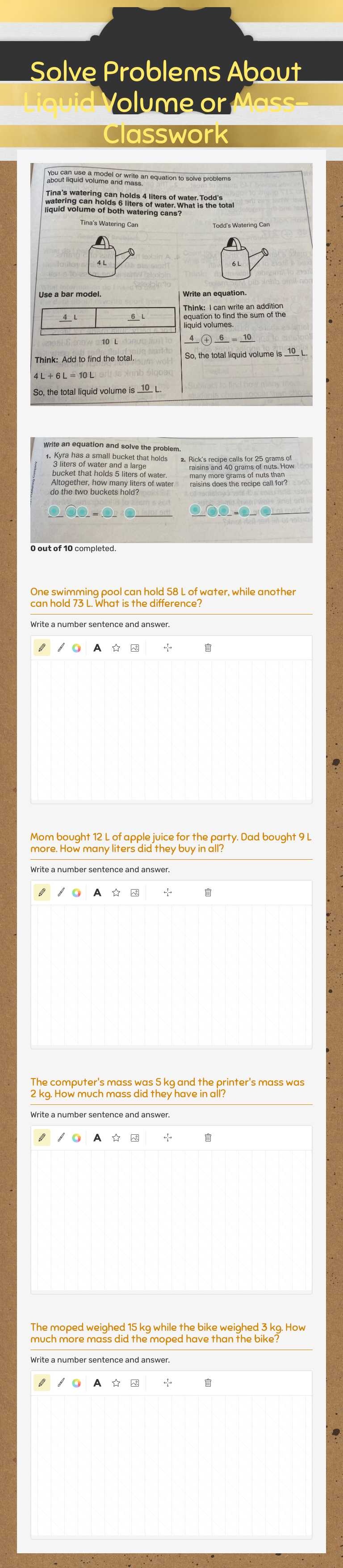 Solve Problems About Liquid Volume or Mass- Classwork worksheet preview image