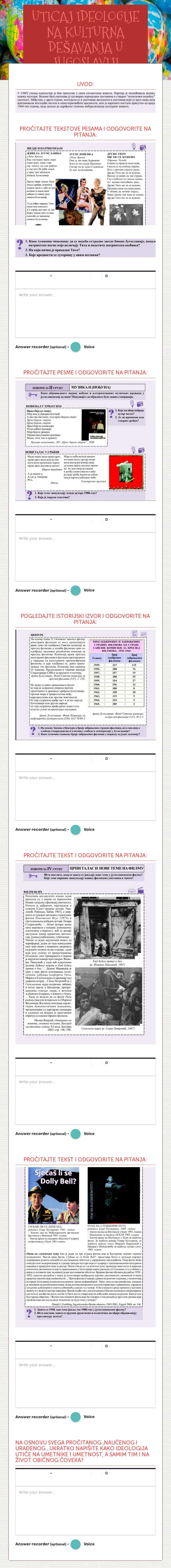 UTICAJ IDEOLOGIJE NA KULTURNA DEŠAVANJA U JUGOSLAVIJI Grade 10 worksheet preview
