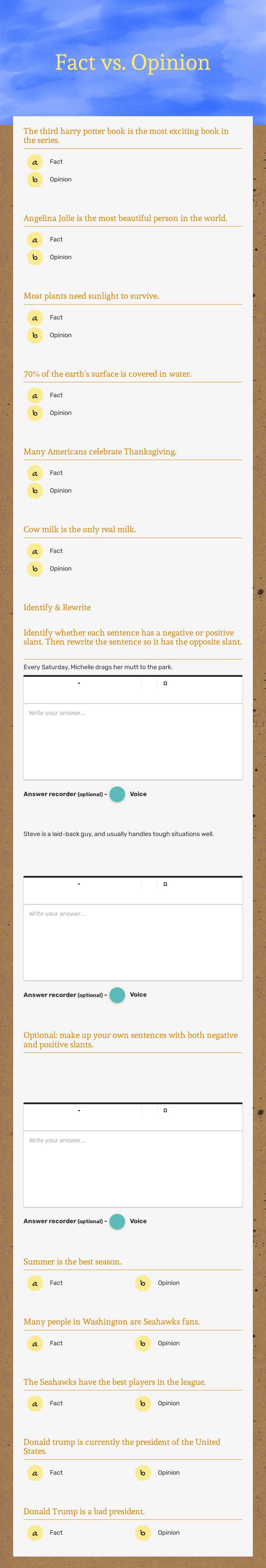 Fact vs. Opinion worksheet preview image