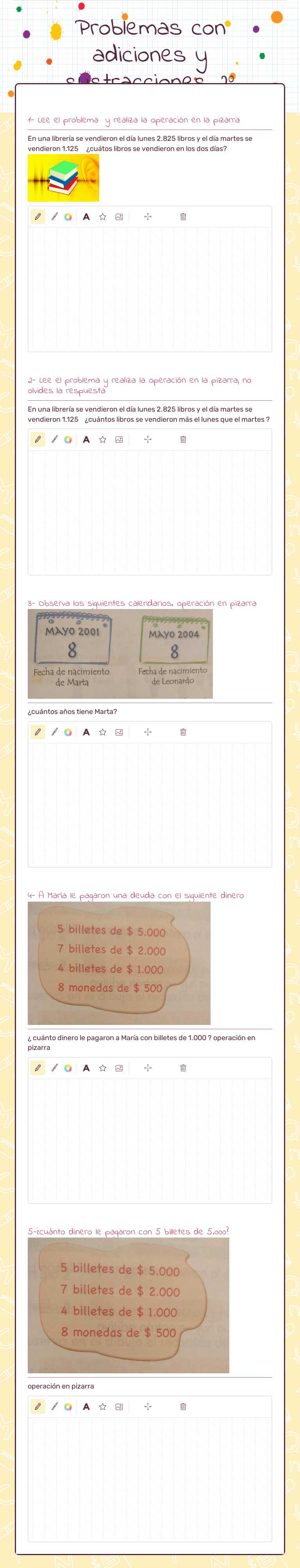 Problemas con adiciones y sustracciones 2° worksheet preview image