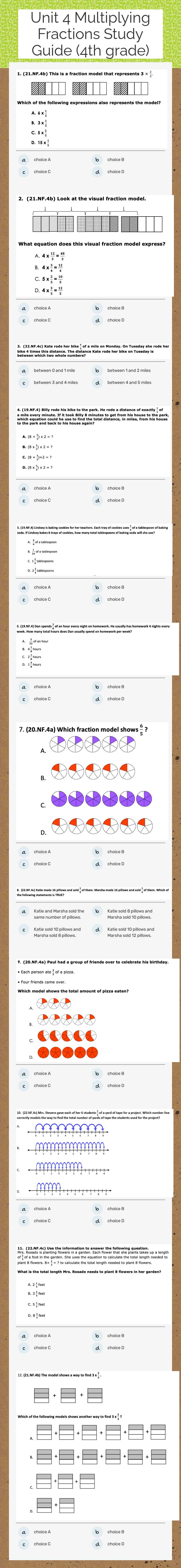Unit 4 Multiplying Fractions Study Guide (4th grade) worksheet preview image