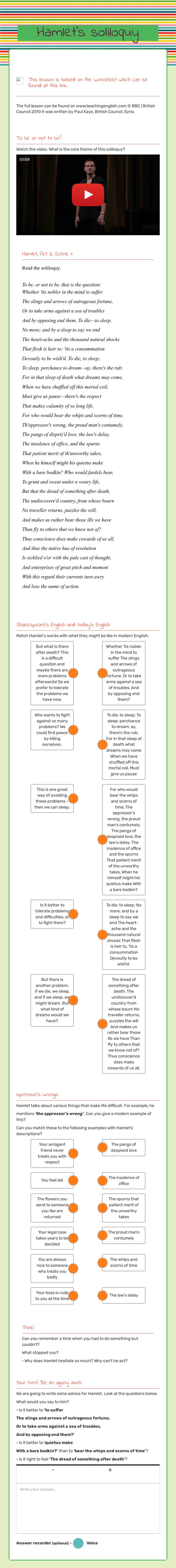 Hamlet's soliloquy worksheet preview image