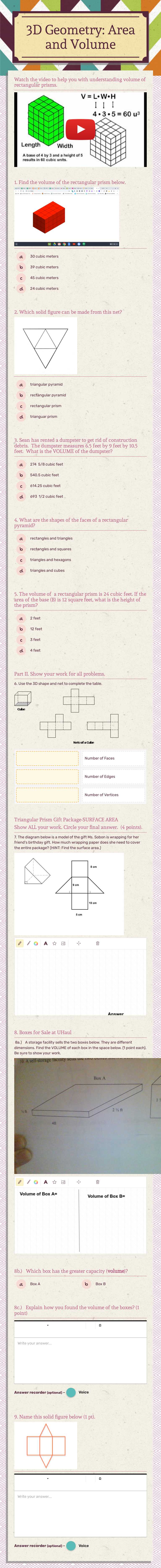 3D Geometry:
Area and Volume Grade 7 worksheet preview