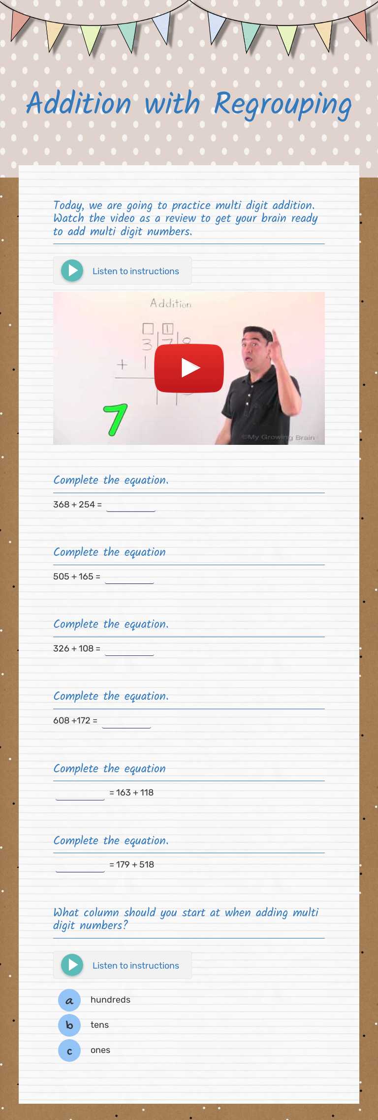 Addition with Regrouping Grade 3 worksheet preview