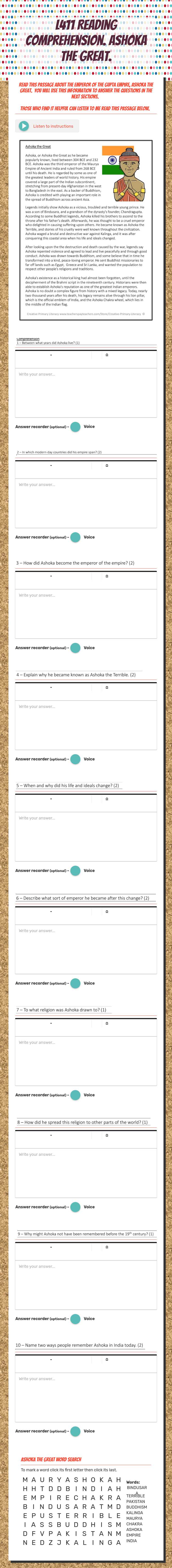 K368 Reading comprehension.
Ashoka the Great. worksheet preview image