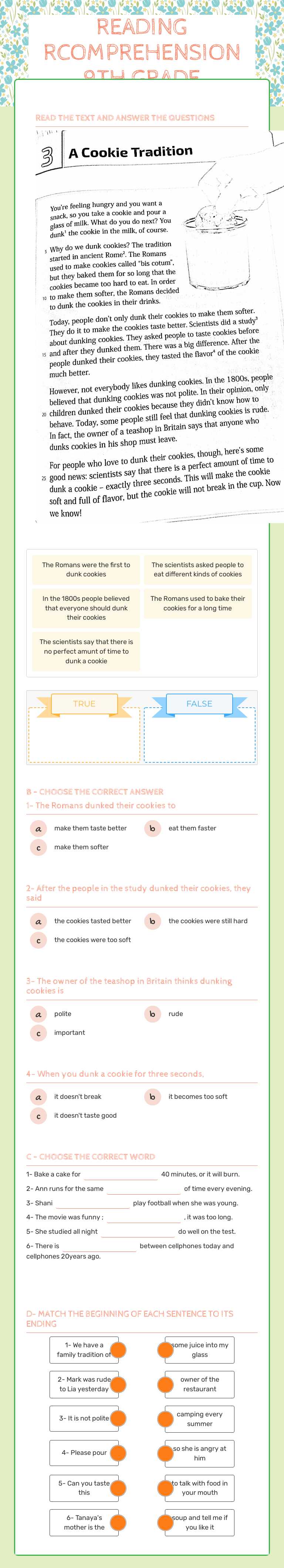 READING RCOMPREHENSION 9TH GRADE worksheet preview image