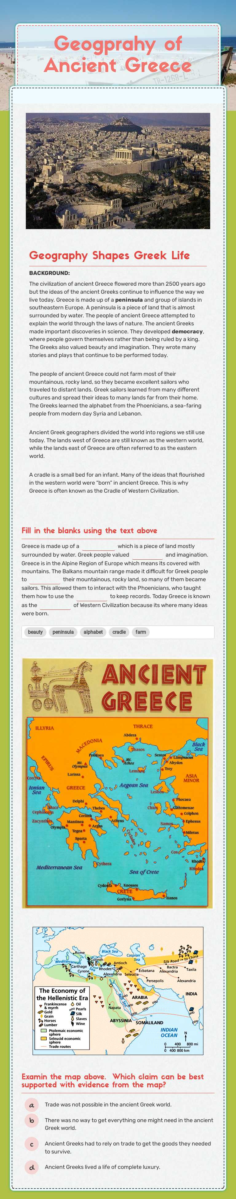 Geogprahy of Ancient Greece worksheet preview image