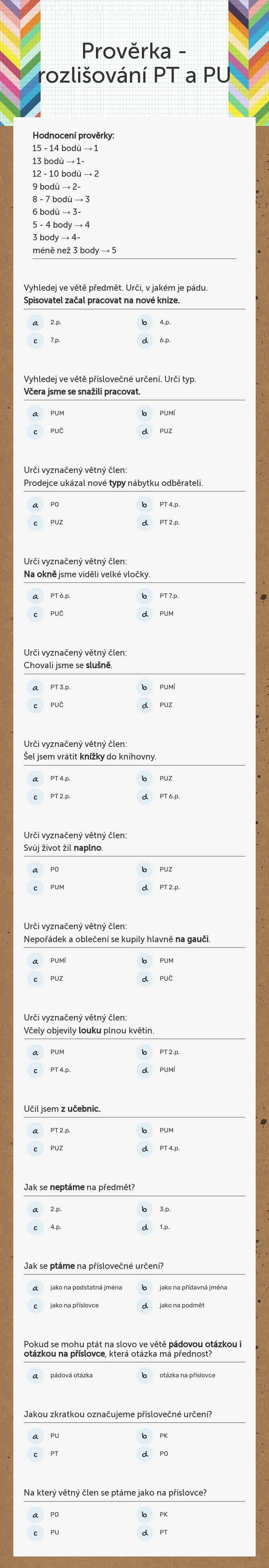Prověrka - rozlišování PT a PU worksheet preview image
