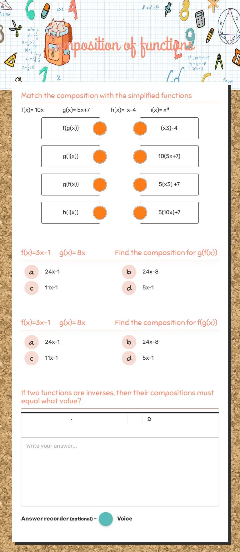 Composition of functions worksheet preview image