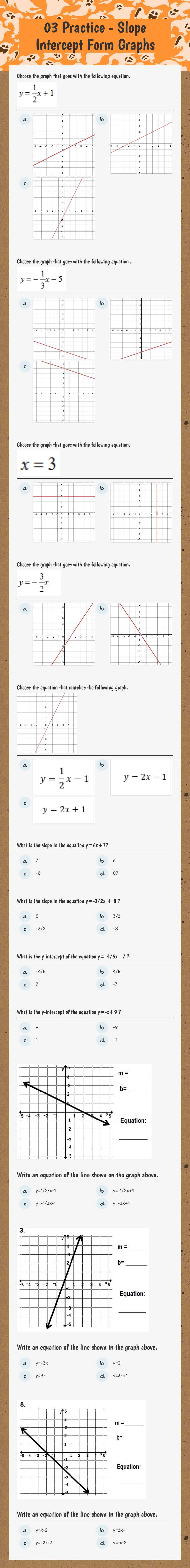 03 Practice - Slope Intercept Form Graphs worksheet preview image