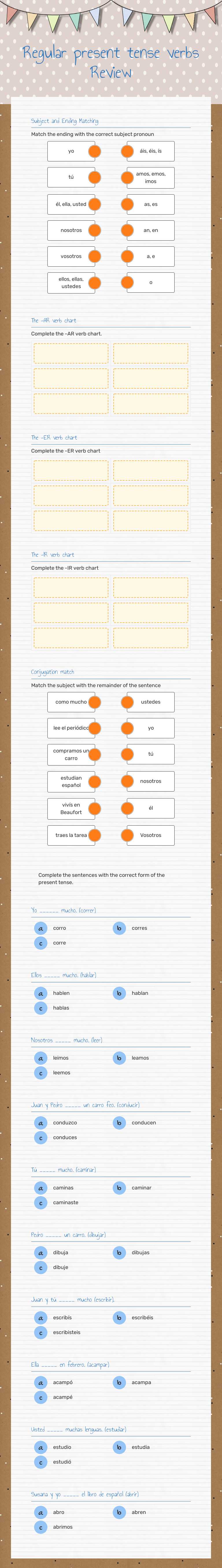 Regular present tense verbs 
Review worksheet preview image