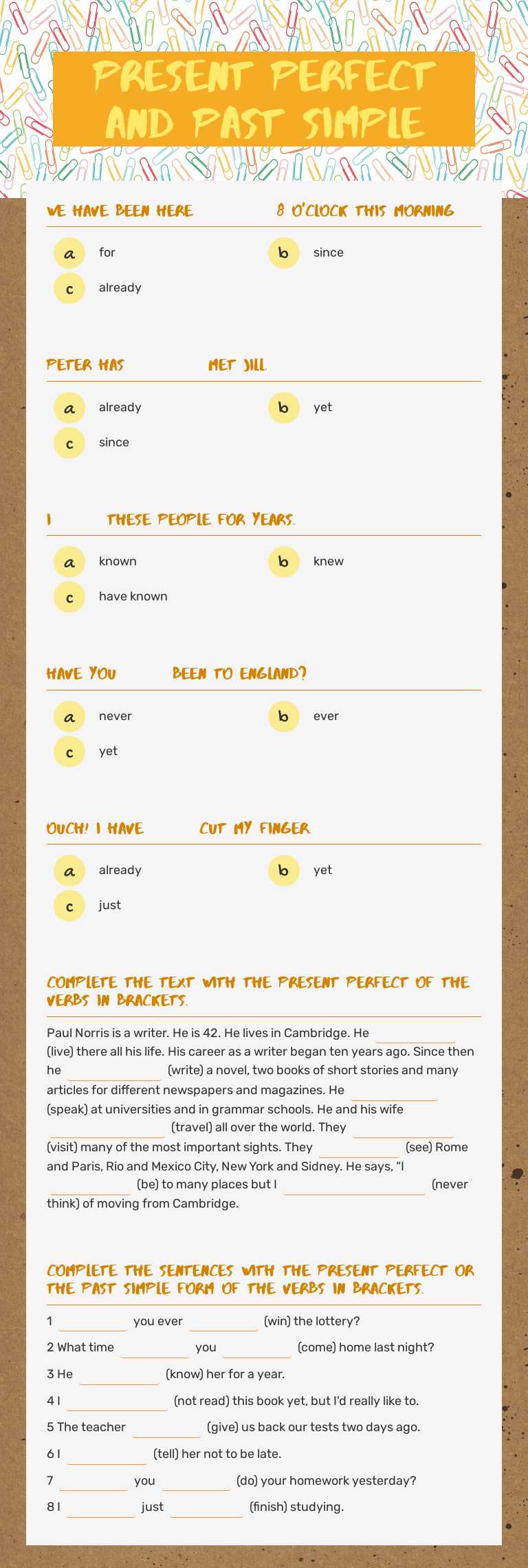 Present Perfect and Past Simple worksheet preview image