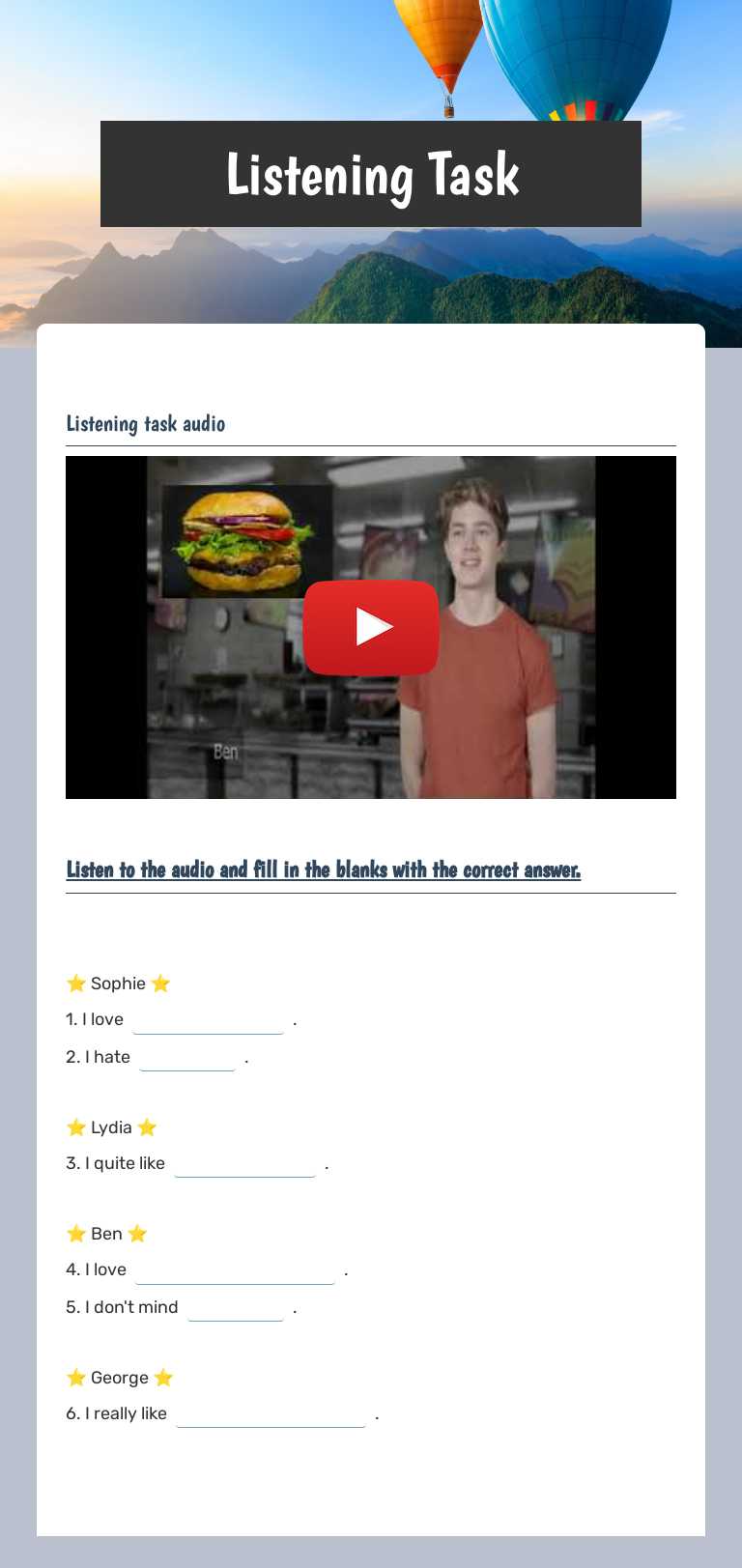 Listening Task worksheet preview image