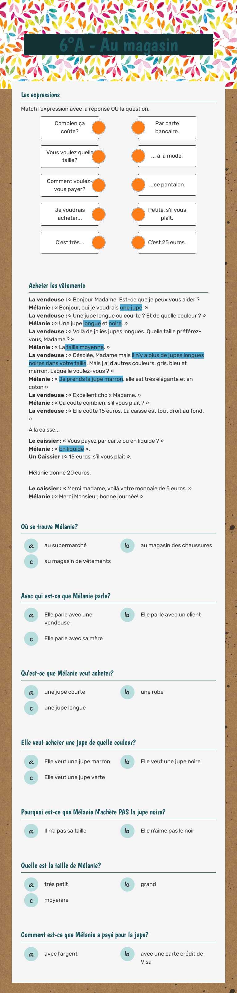 6°A - Au magasin worksheet preview image