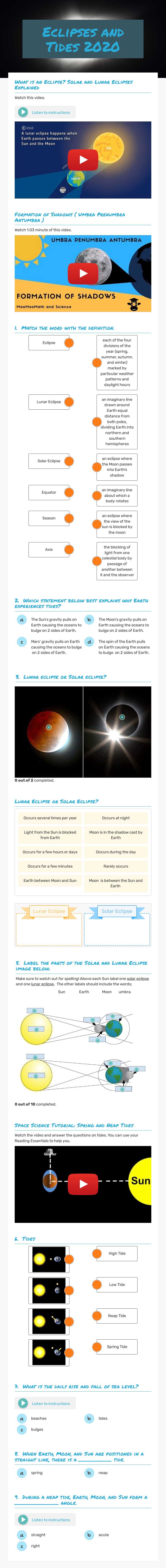Eclipses and Tides 2020 worksheet preview image