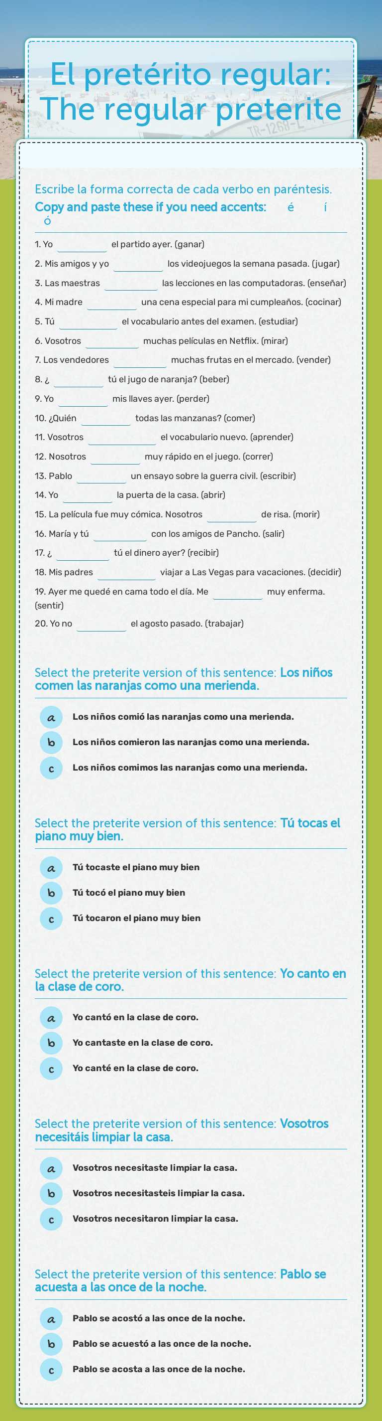 El pretérito regular: The regular preterite Grade 10 worksheet preview