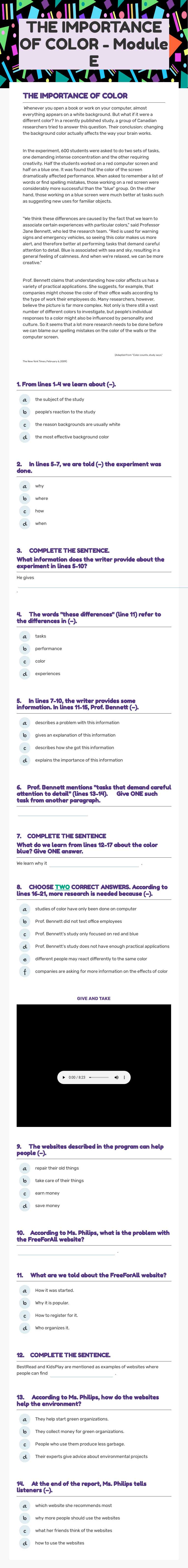 THE IMPORTANCE OF COLOR - Module E worksheet preview image