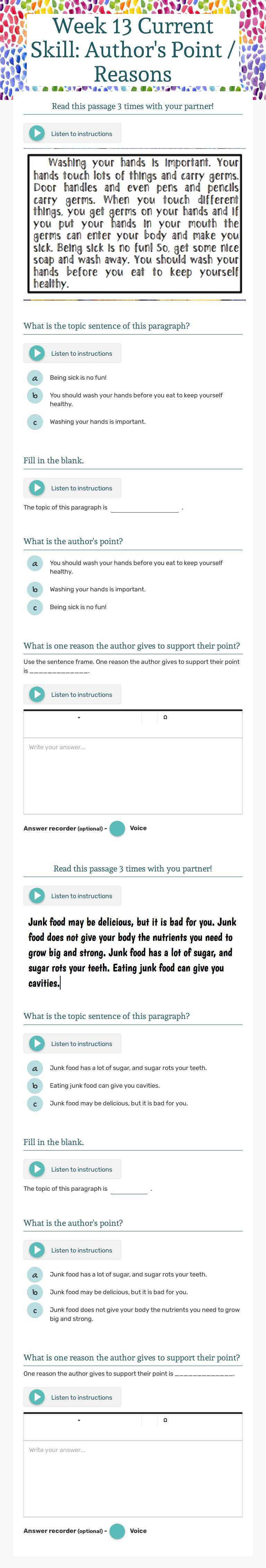 Week 13 Current Skill: Author's Point / Reasons worksheet preview image