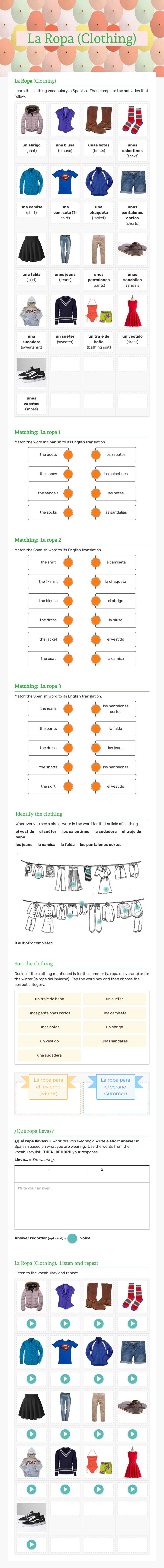 La Ropa (Clothing) worksheet preview image