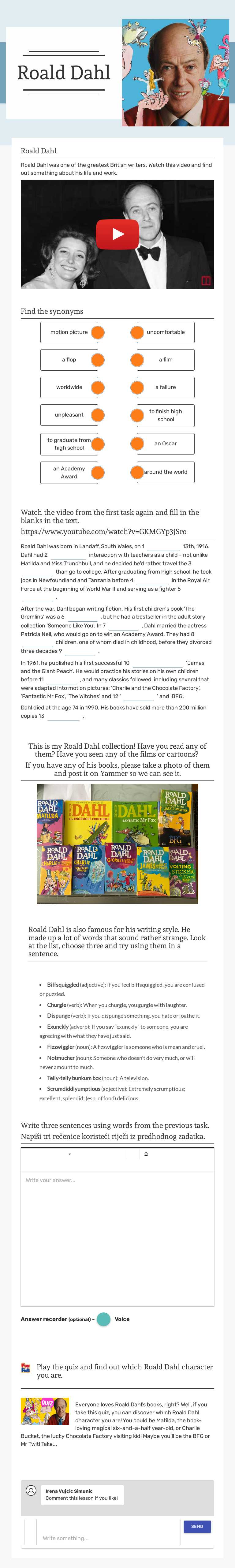 Roald Dahl worksheet preview image