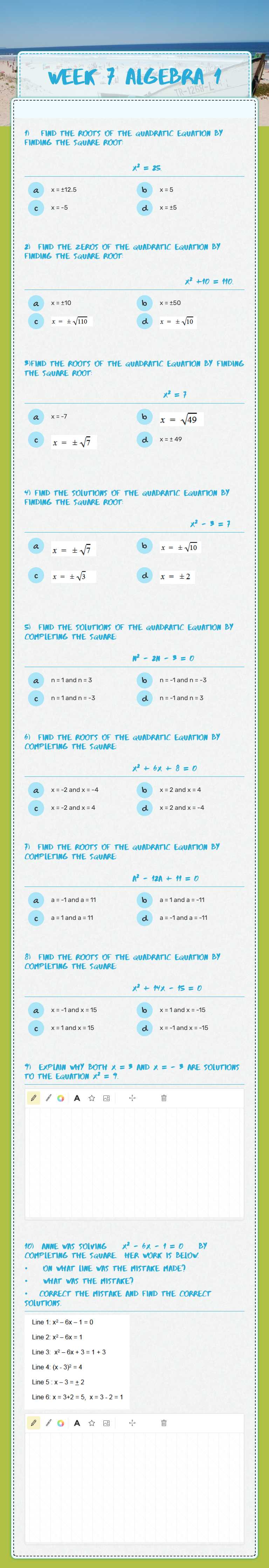 week 7 algebra 1 worksheet preview image