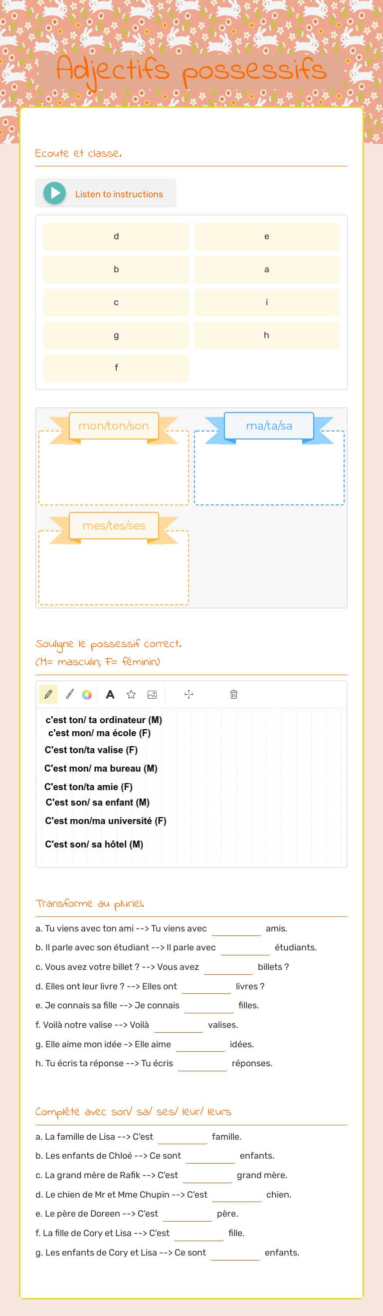 Adjectifs possessifs Grade 6 worksheet preview