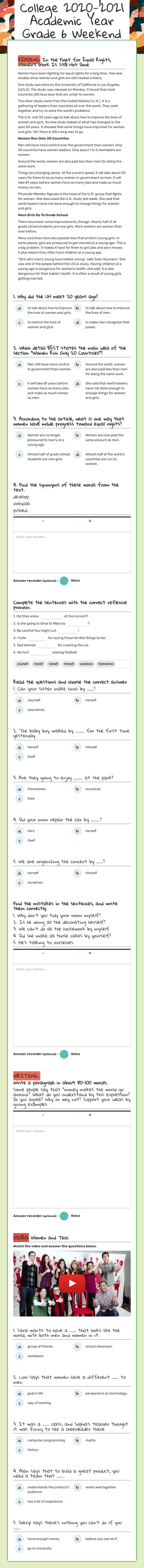 TED Antalya College 2020-2021 Academic Year Grade 6 Weekend Homework March 26,2021 worksheet preview image