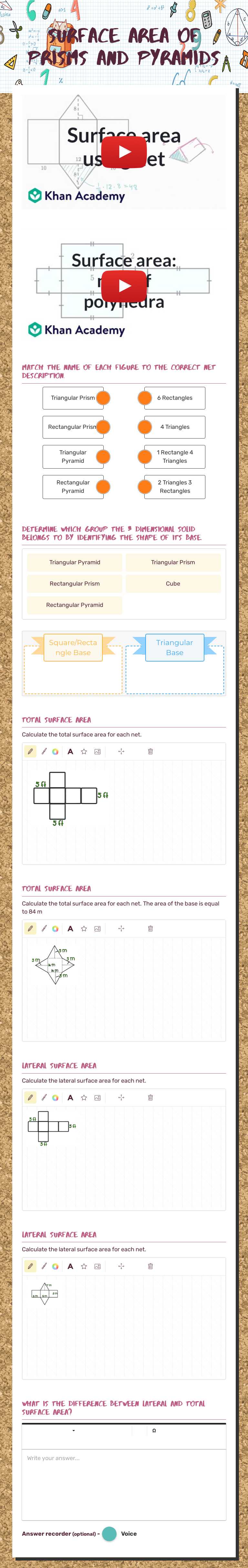 Surface area of prisms and pyramids worksheet preview image