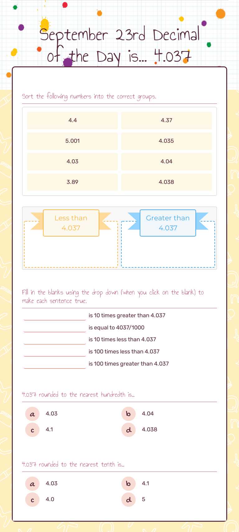 September 23rd Decimal of the Day is... 4.037 Grade 6 worksheet preview