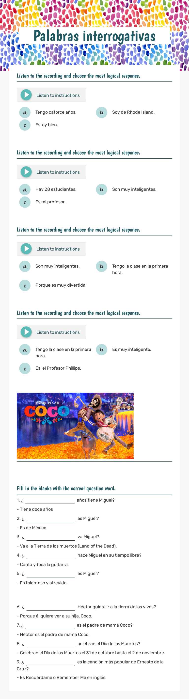 Palabras interrogativas worksheet preview image